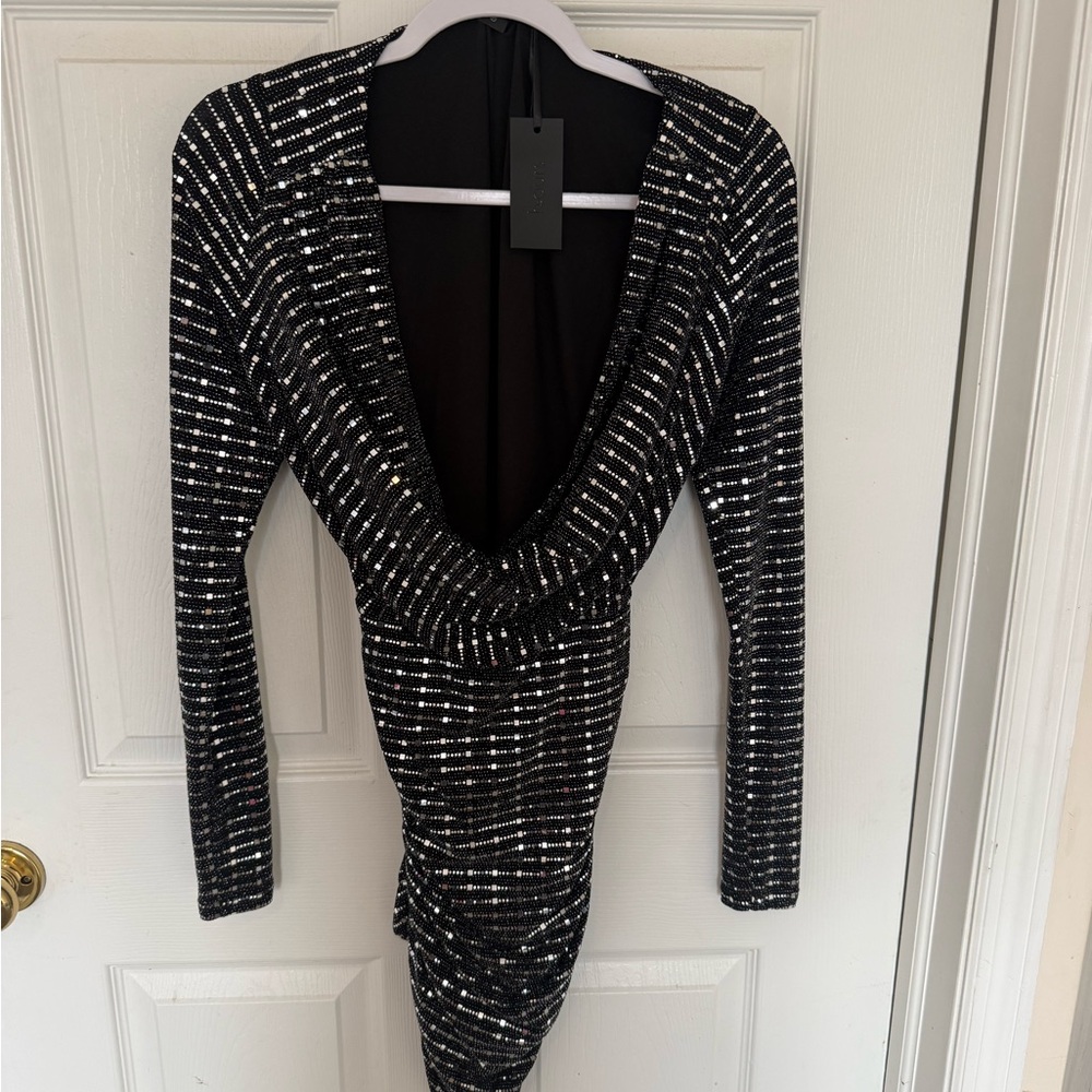 Glamorous Black and Silver Long Sleeve Dress